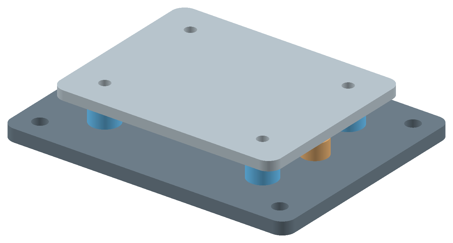 Exact CAD render of two plates supported by four blue generic isolators