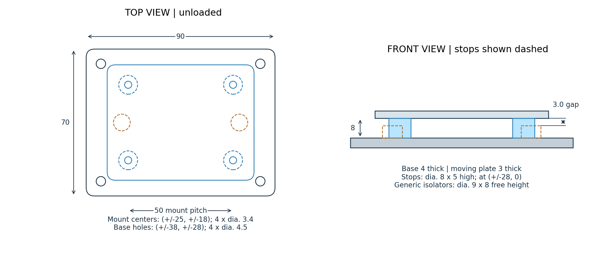 Dimensioned top and front views of a two-plate mount: base 90 by 70 by 4 millimeters, moving plate 70 by 55 by 3, isolator pitch 50 by 36, unloaded stop gap 3 millimeters.